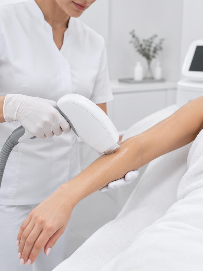 Handheld laser treatment device used on an arm
